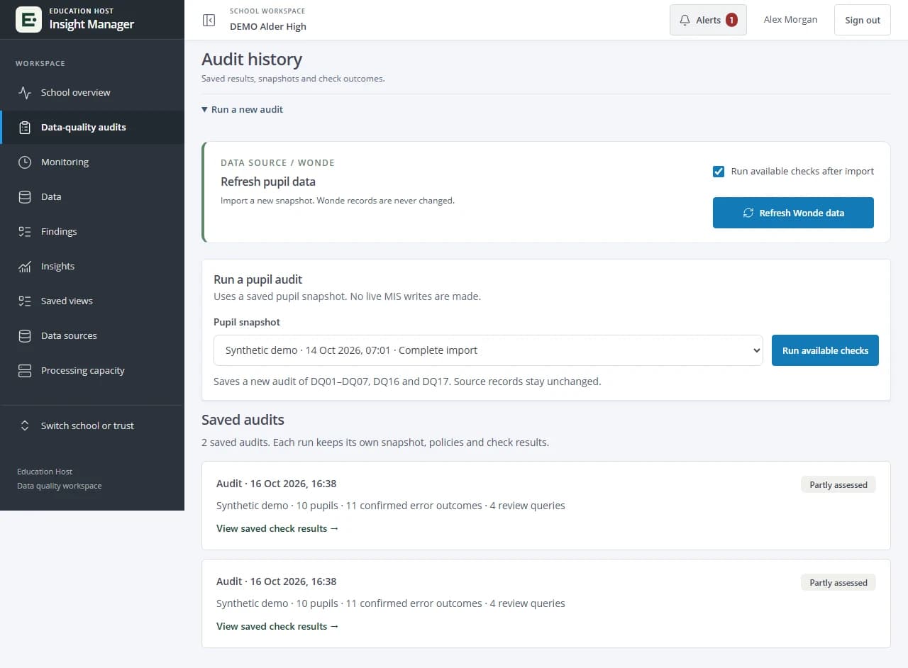 Education Insight Manager audit history showing saved synthetic pupil snapshots, dated audits and links to retained check results