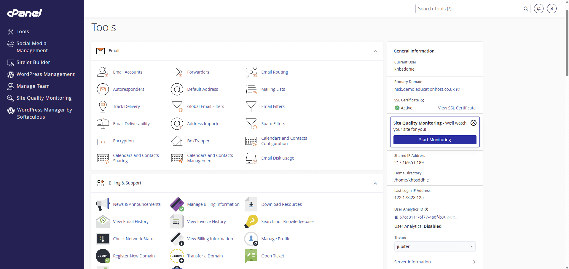 cPanel interface available to students through Student Web Host Manager, showing email accounts, WordPress management, site builder and hosting account information