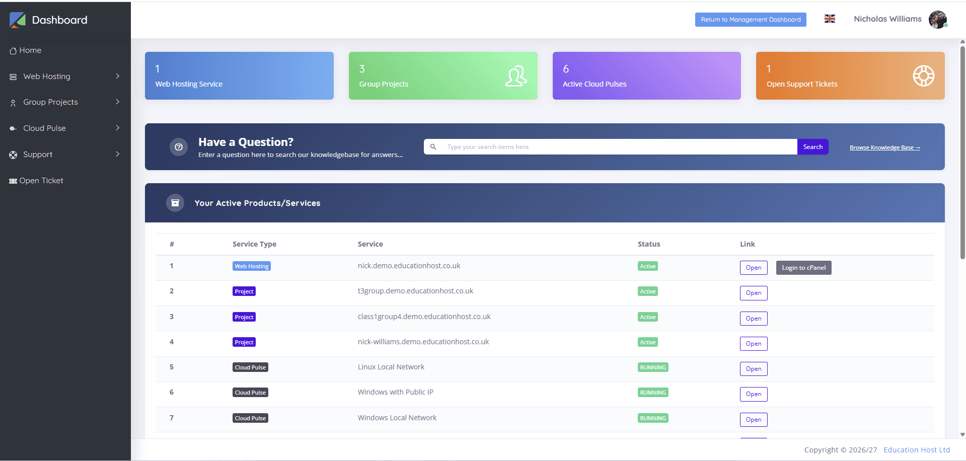 Student Web Host Manager student dashboard showing active web hosting, group projects and Cloud Pulse services with status indicators, cPanel login and knowledgebase search