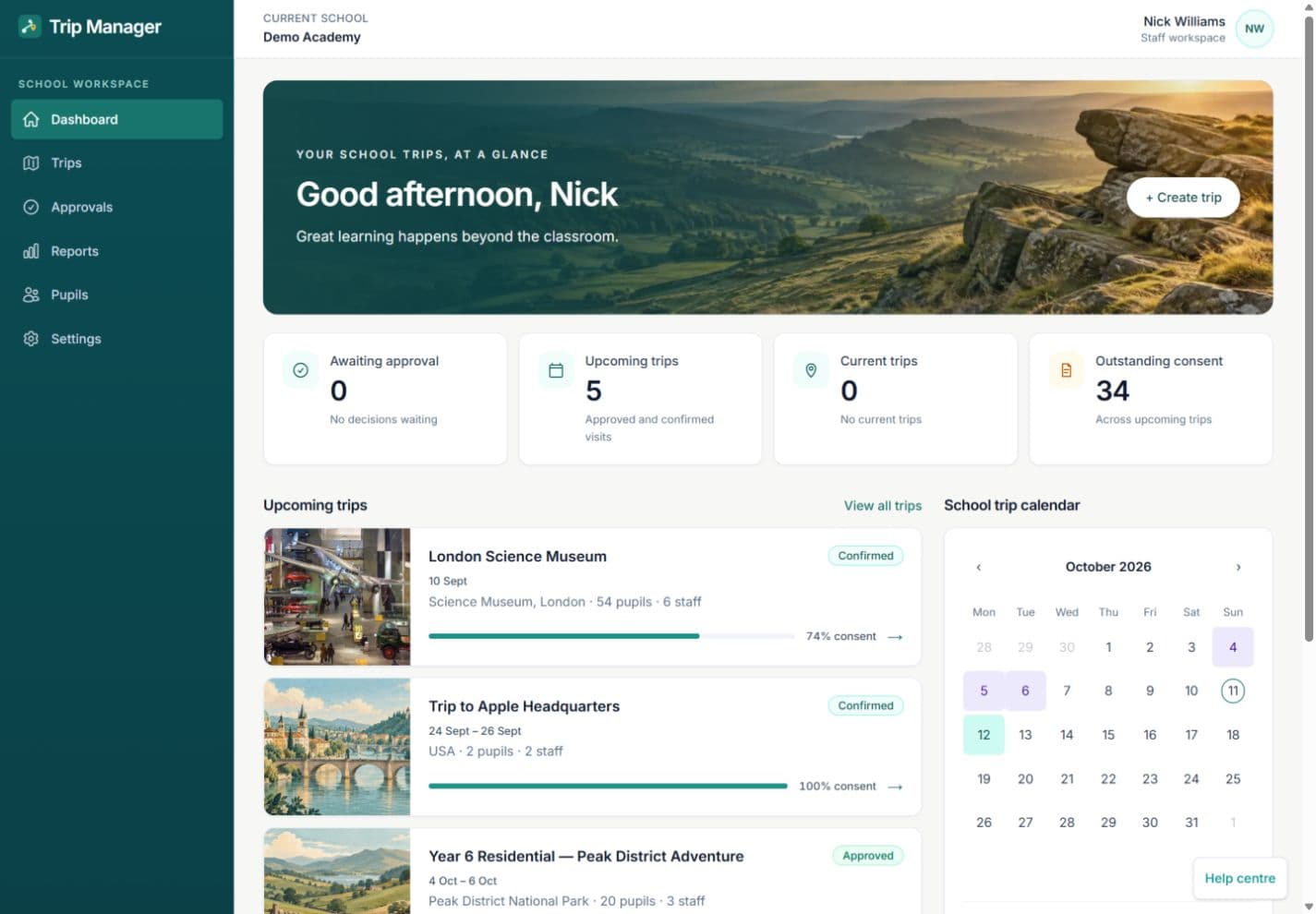 Trip Manager dashboard with left navigation, visit cards, summary counts and a school trip calendar