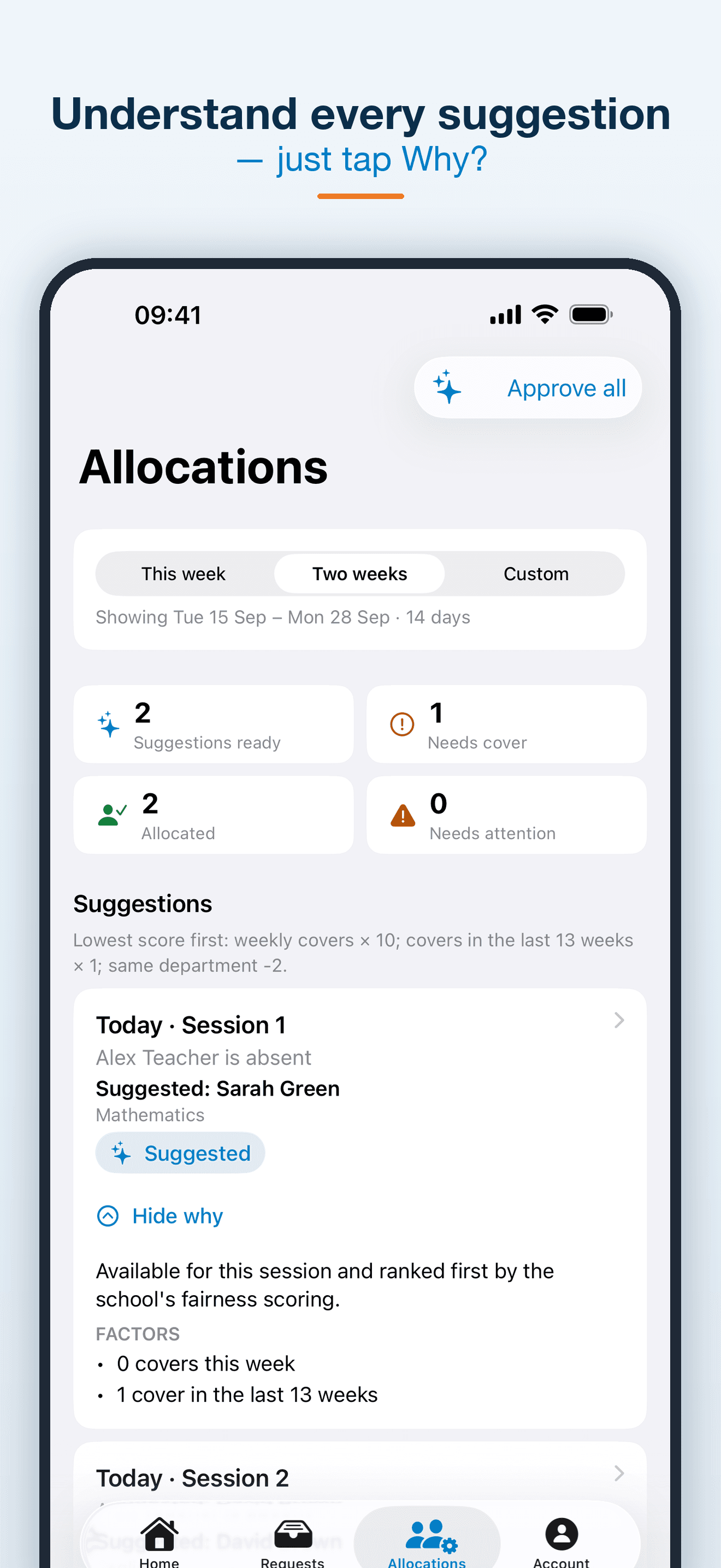 Cover Manager iPhone app explaining the availability and workload behind a cover suggestion