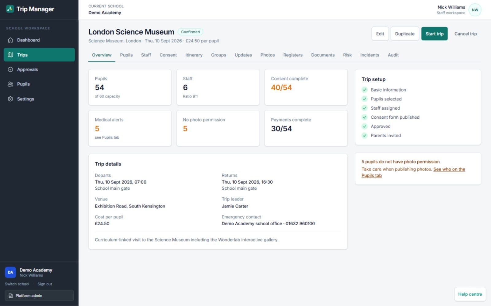 Trip Manager visit overview with pupil and staff counts, consent progress, photo permissions, trip details and setup checklist